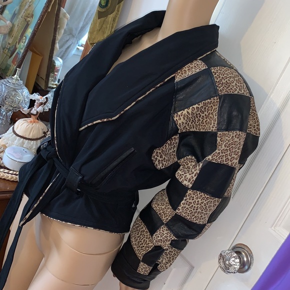 Vtg 80s rare unique leopard checked leather new wave  batwing wrap jacket L - Picture 3 of 15